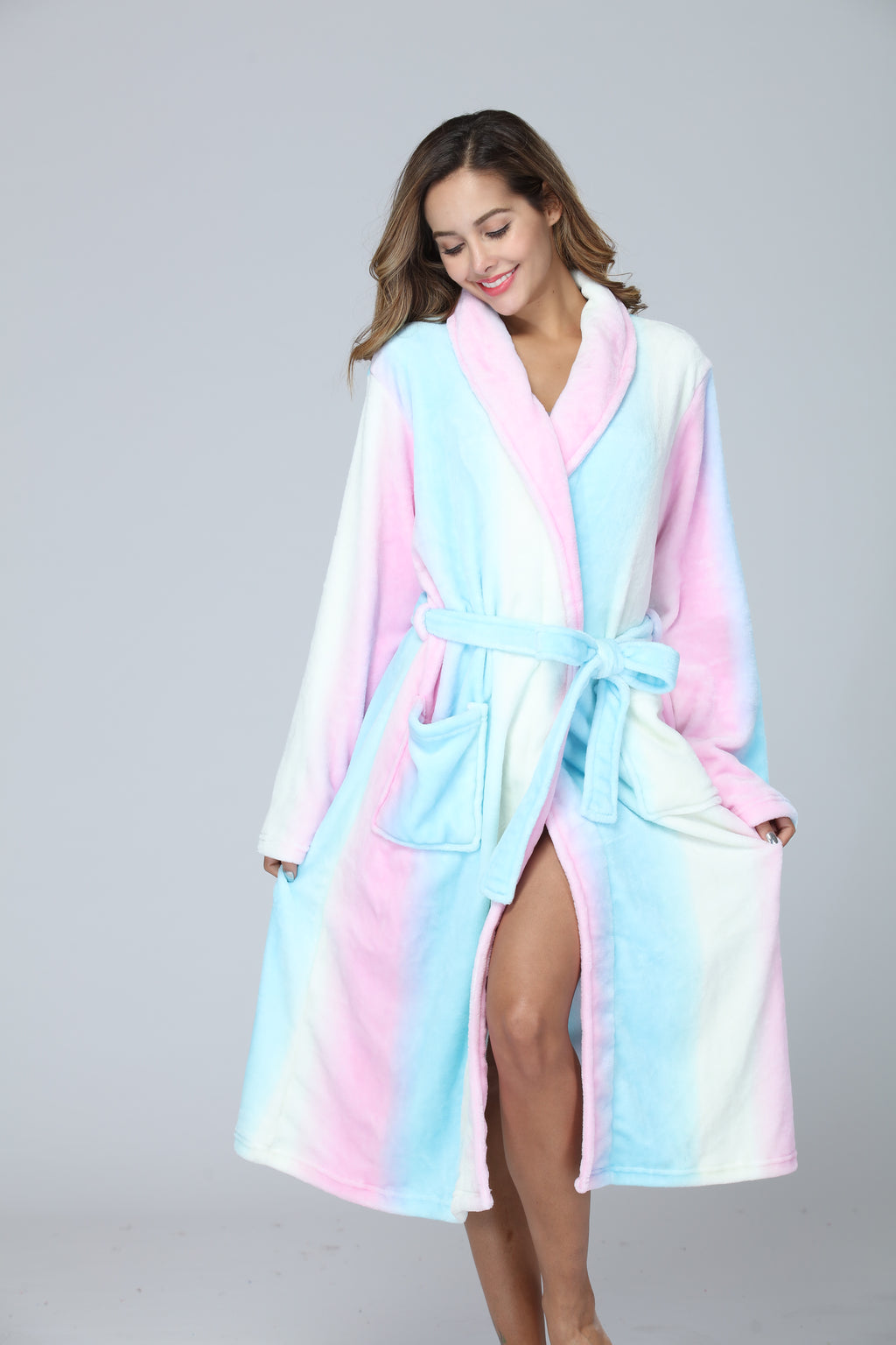 RONGTAI Womens Long Robes Plush Fleece Nightgown Thick Hooded Bathrobe With Pockets Fluffy Sleepwear