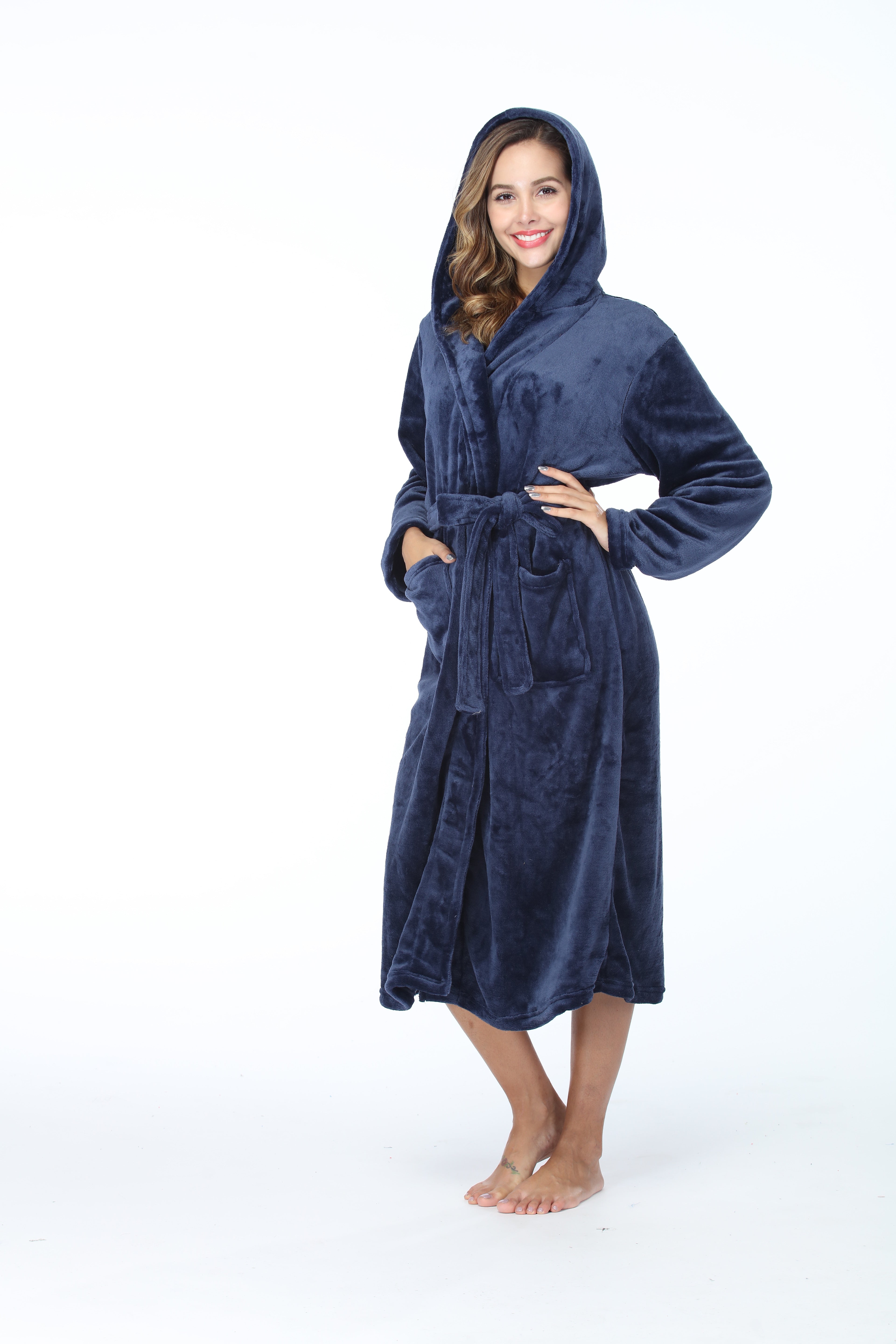 RONGTAI Womens Long Robes Plush Fleece Nightgown Thick Hooded Bathrobe With Pockets Fluffy Sleepwear For Men