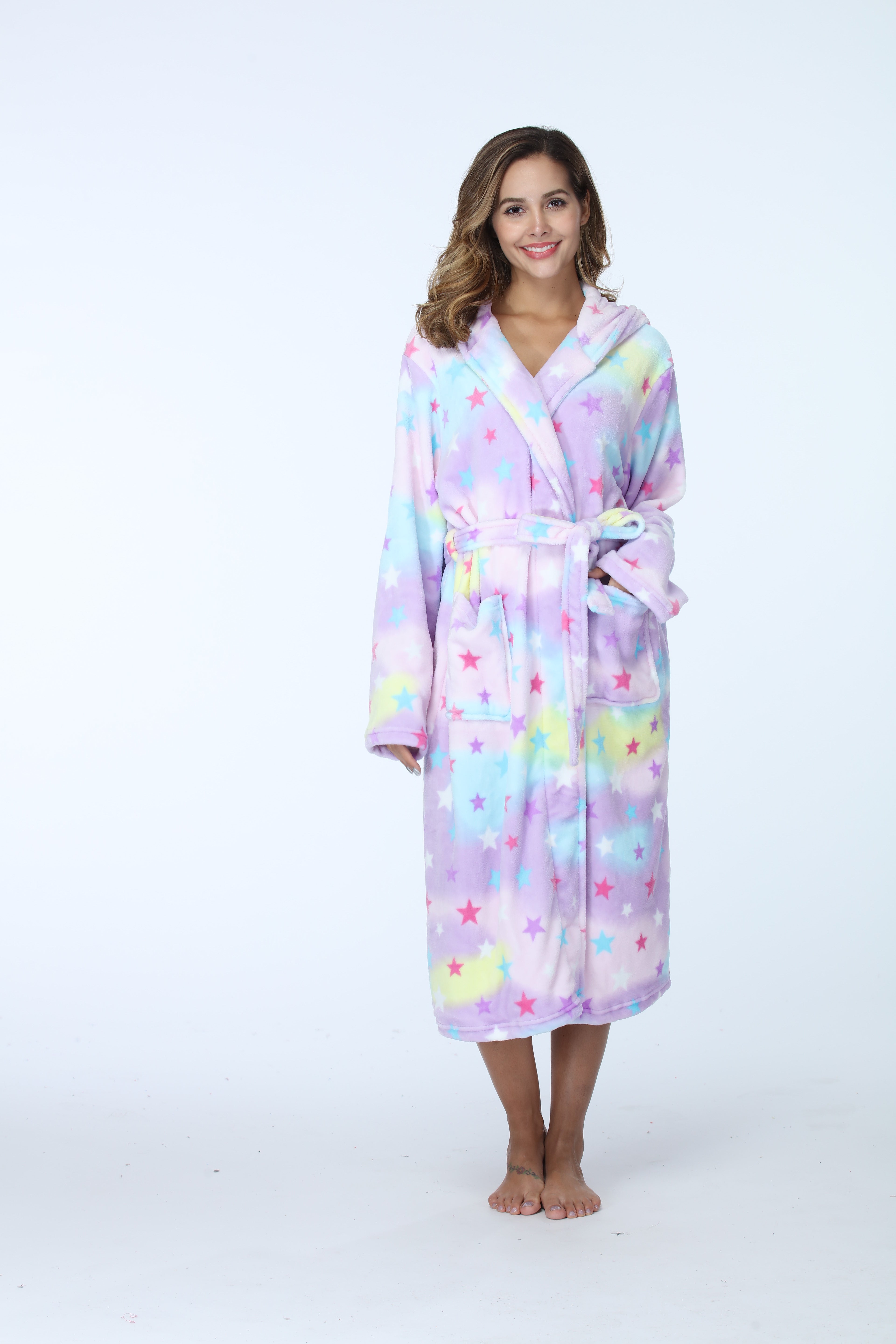 RONGTAI Womens Long Robes Plush Fleece Nightgown Thick Hooded Bathrobe With Pockets Fluffy Sleepwear For Men