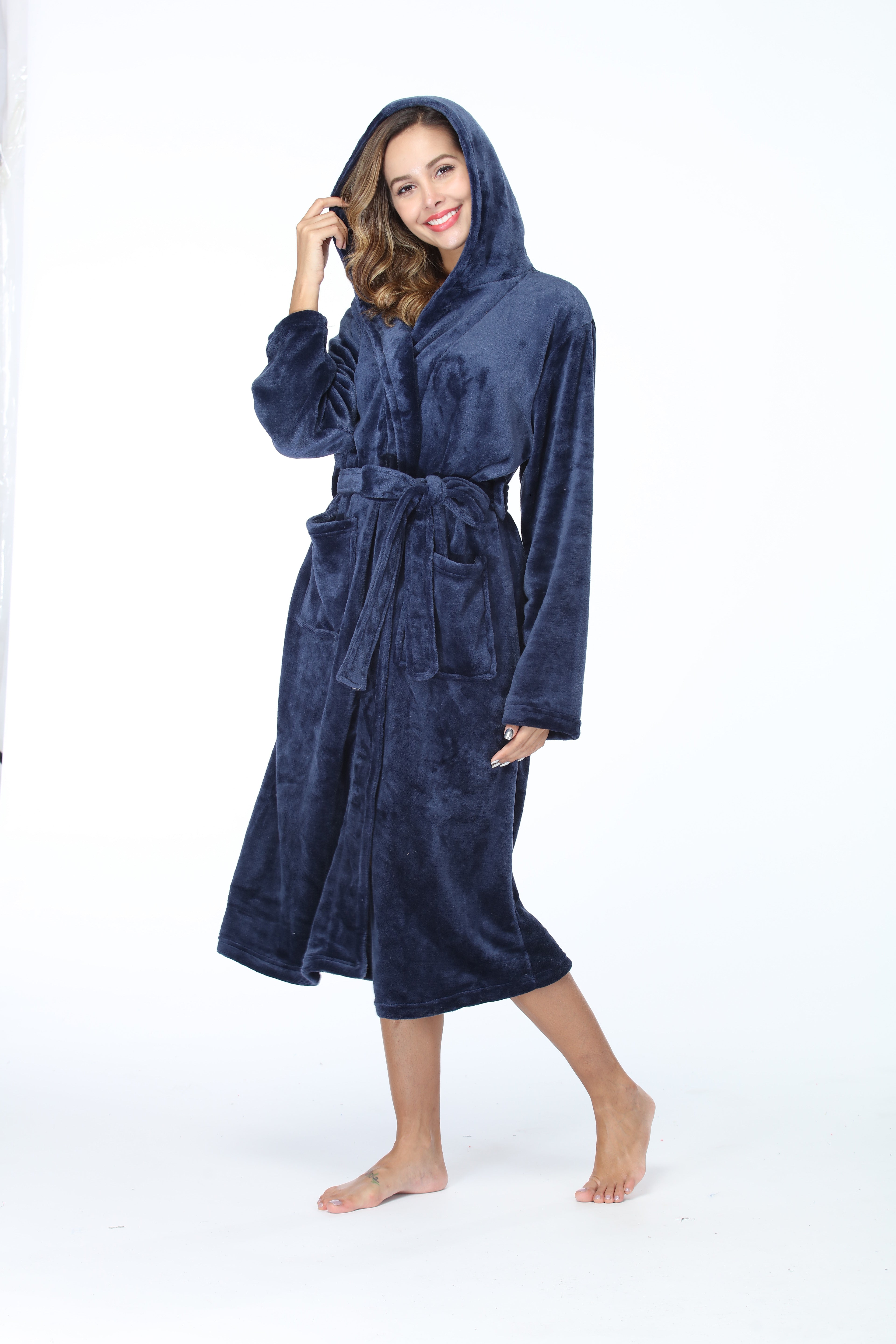 RONGTAI Womens Long Robes Plush Fleece Nightgown Thick Hooded Bathrobe With Pockets Fluffy Sleepwear For Men