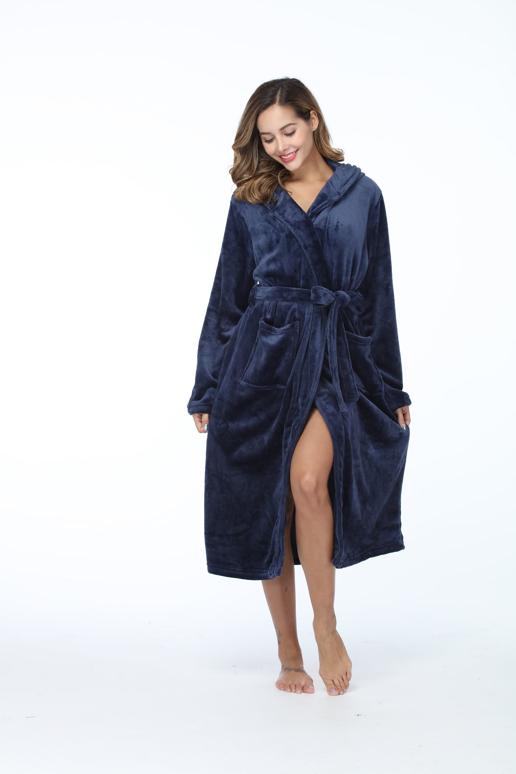 RONGTAI Womens Long Robes Plush Fleece Nightgown Thick Hooded Bathrobe With Pockets Fluffy Sleepwear For Men